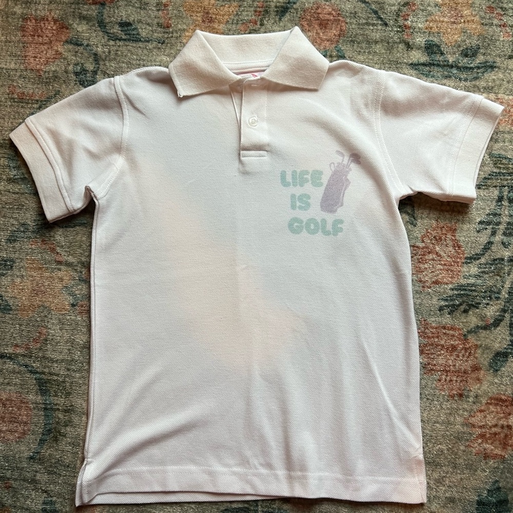 Kids White Polo Shirt with Golf Print